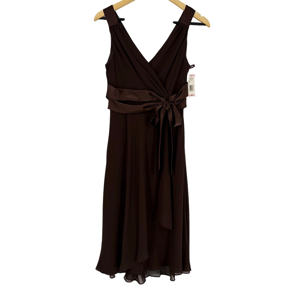 Y2K‎ Jones Wear Babydoll Chocolate Brown Chiffon Midi Dress 10P Satin Bow Retro